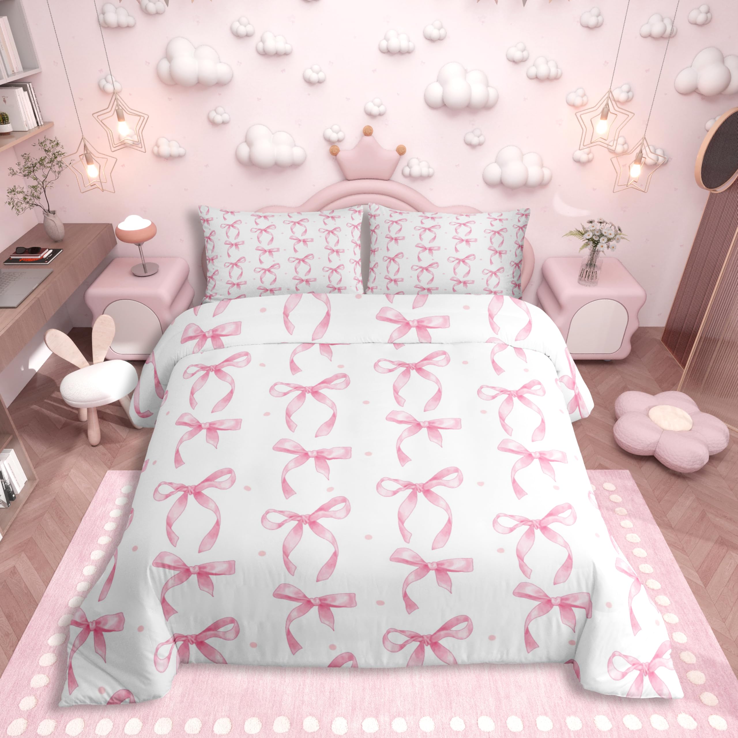 Homewish Süß Schleifen Bettwäsche Aesthetic 135x200 Mädchen Weiß mit Rosa Schleife Niedliche Prinzessinnen Bettbezug Raumdekor Rosa Schleifenmuster Kinder Teenager Deckenbezug Microfaser 1 Kissenbezug