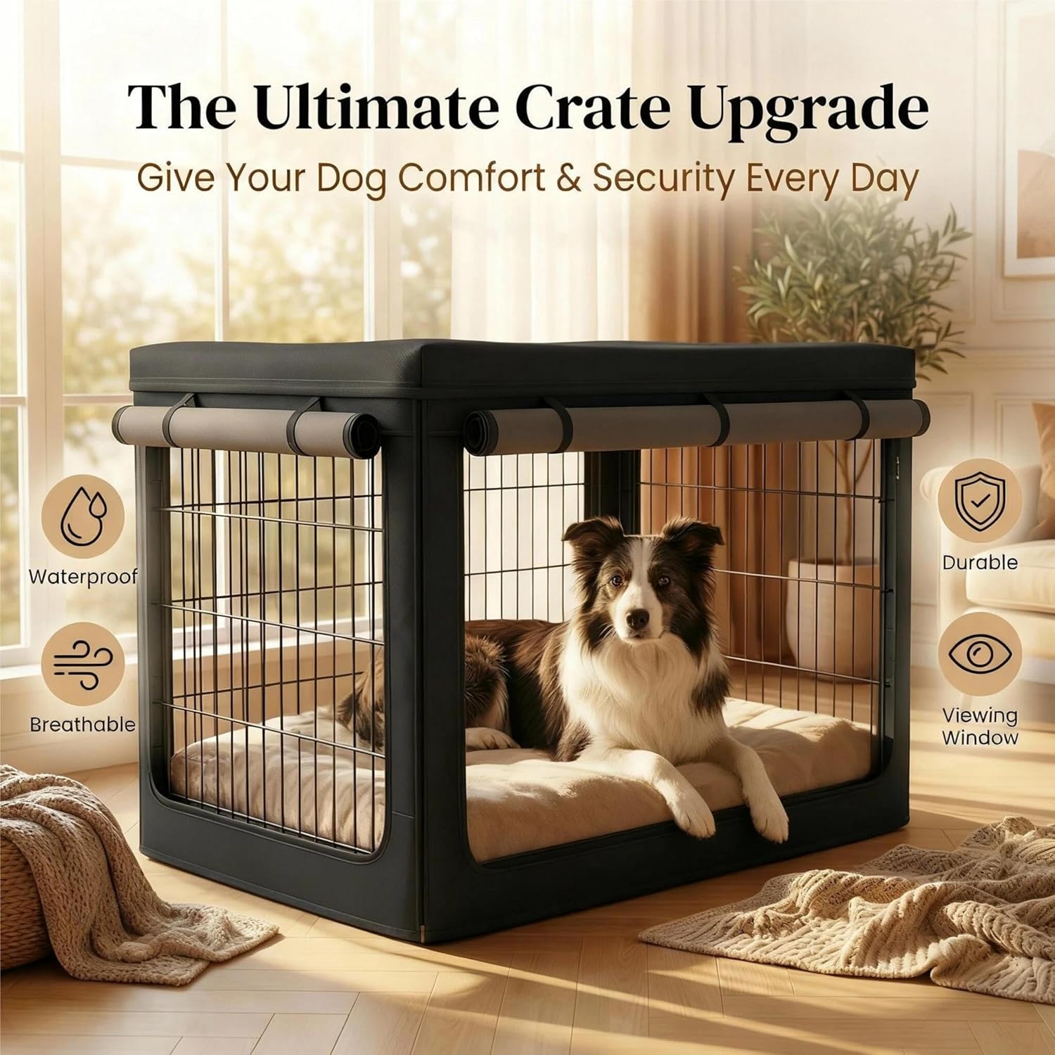 48 Inch Dog Crate Cover,1680D Heavy Duty Waterproof Oxford Kennel Cover with Detachable Top & Breathable Mesh for Large Dogs, Universal Fit for Wire Crates (Black, Cover Only)