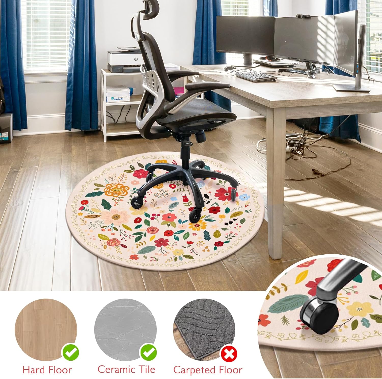 Office Chair Mat for Hardwood Floor 47"X 47" Round Gaming Rolling Chairs Rugs for Office Computer Desk Chair Non-Slip Game Protector Mats for Hard Floor & Tile Floor,Carpet Decor(Beige Boho)