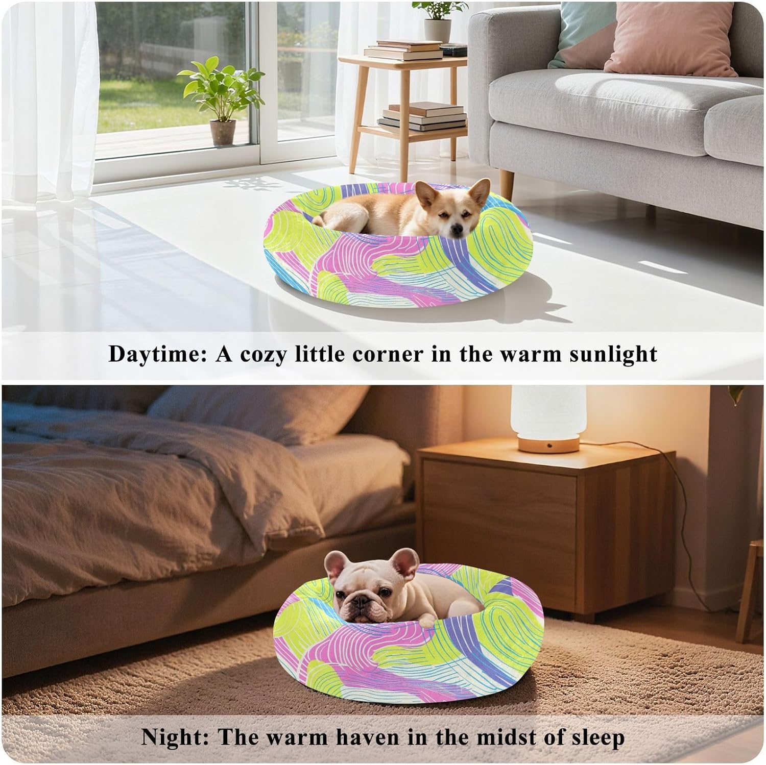 Colorful Doodle Waves Pet Dog Bed Anxiety Relief Cat Pillow Bed for Medium Size Pets Supplies S