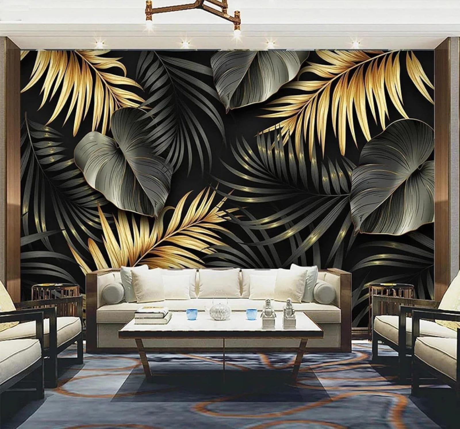 XLMING Hand Drawn Plants Gold Leaves Luxurious 3D Wallpaper Luxury Home Dining Decor Paste Sofa Living Room The Wall for Bedroom Mural-150cm×105cm