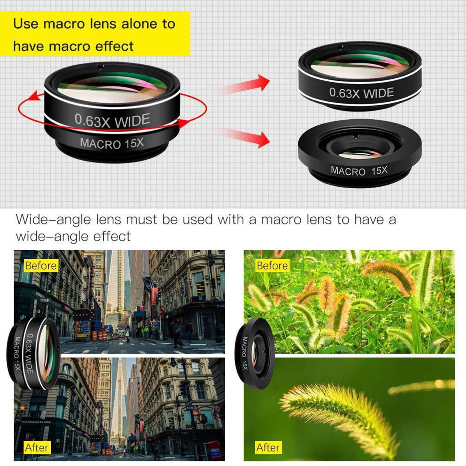 Set di 2 per smartphone – Set di obiettivi per cellulare | macro vetro clip fotocamera | Strumenti universali per cellulare, grandangolare macro 198-Fisheye 198, alloggiamento in lega