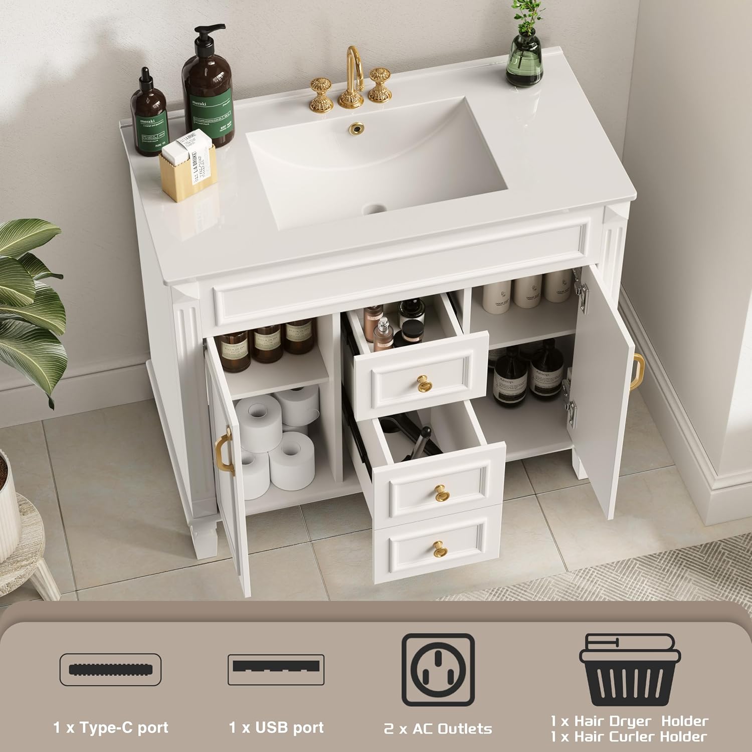 36" Bathroom Vanity with Sink, Solid Wood Frame Modern with Charging Station, Freestanding Bathroom Single Sink Cabinet with 2 Drawers and 2 Doors, Gold Metal Handles, White