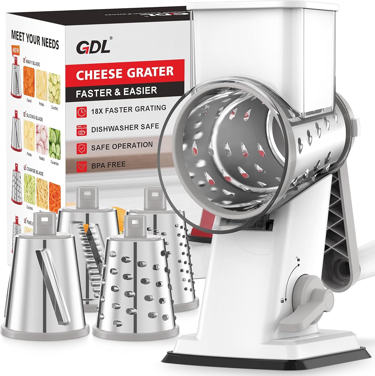 GDL Rotary Cheese Grater Hand Crank - Upgraded Cheese Shredder with 4 Interchangeable Blades, Rotary Grater with Non-Slip Suction Base, Easy to Clean Kitchen Grater Slicer Grinder for Vegetable Nuts
