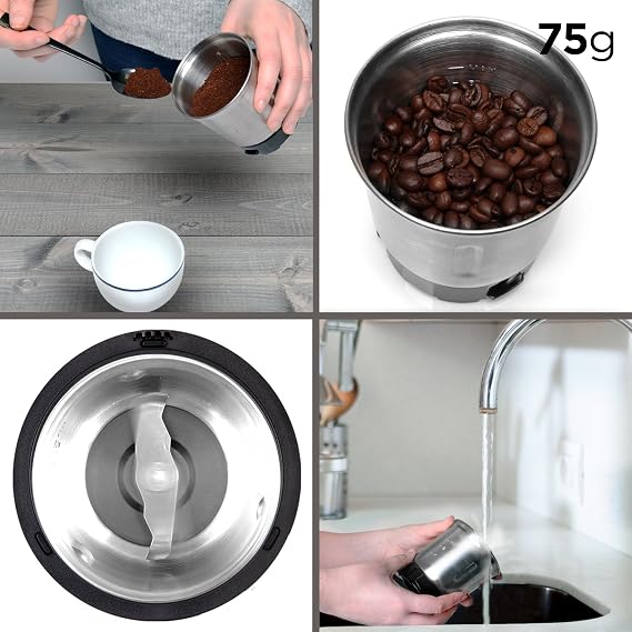 Duronic CG250 Electric Coffee Grinder, 250W, Stainless Steel Blades - Black
