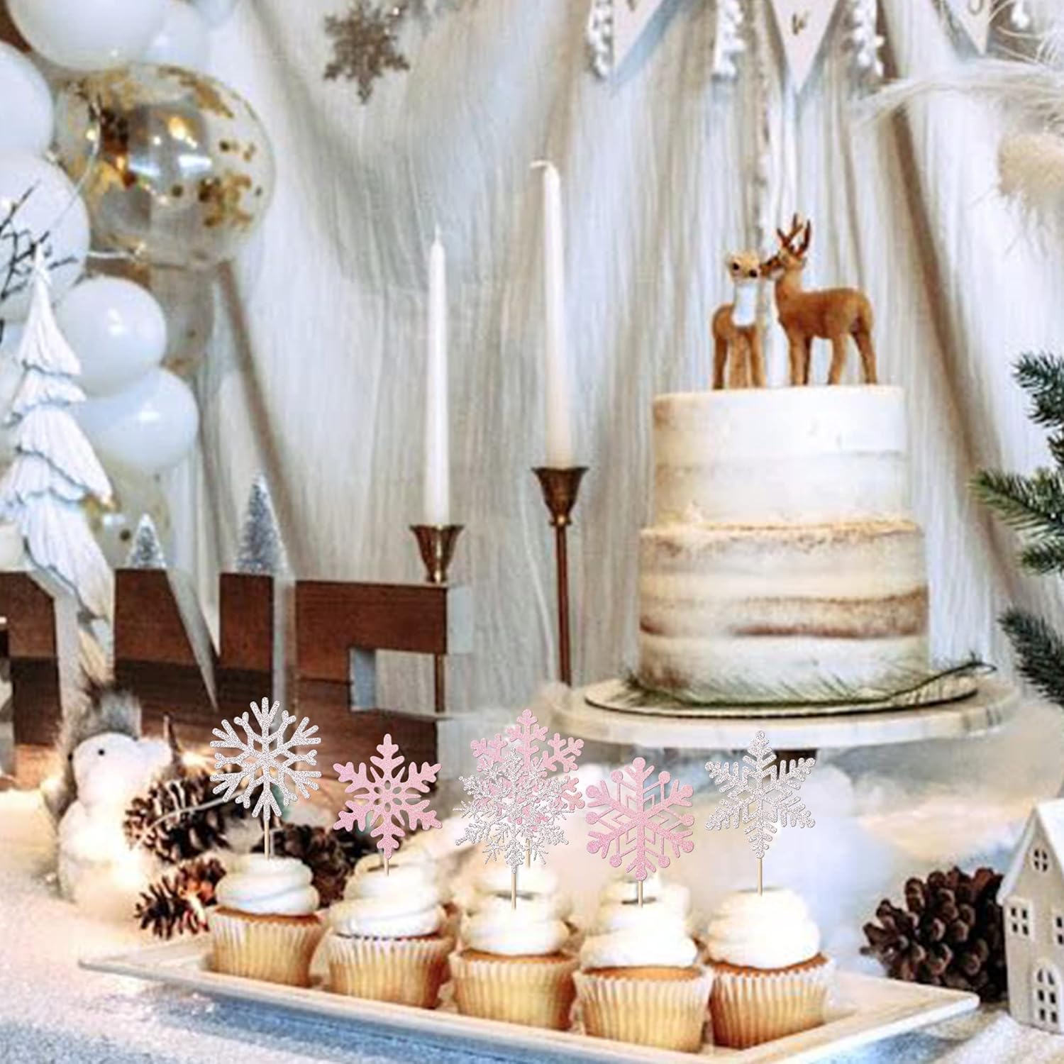 24 Pack Glitter Snowflake Cupcake Toppers and Picks - Winter Frozen Cake Decorations for Christmas, Baby Shower, Kids Birthday Party Supplies - Pink/Silver - Image 4