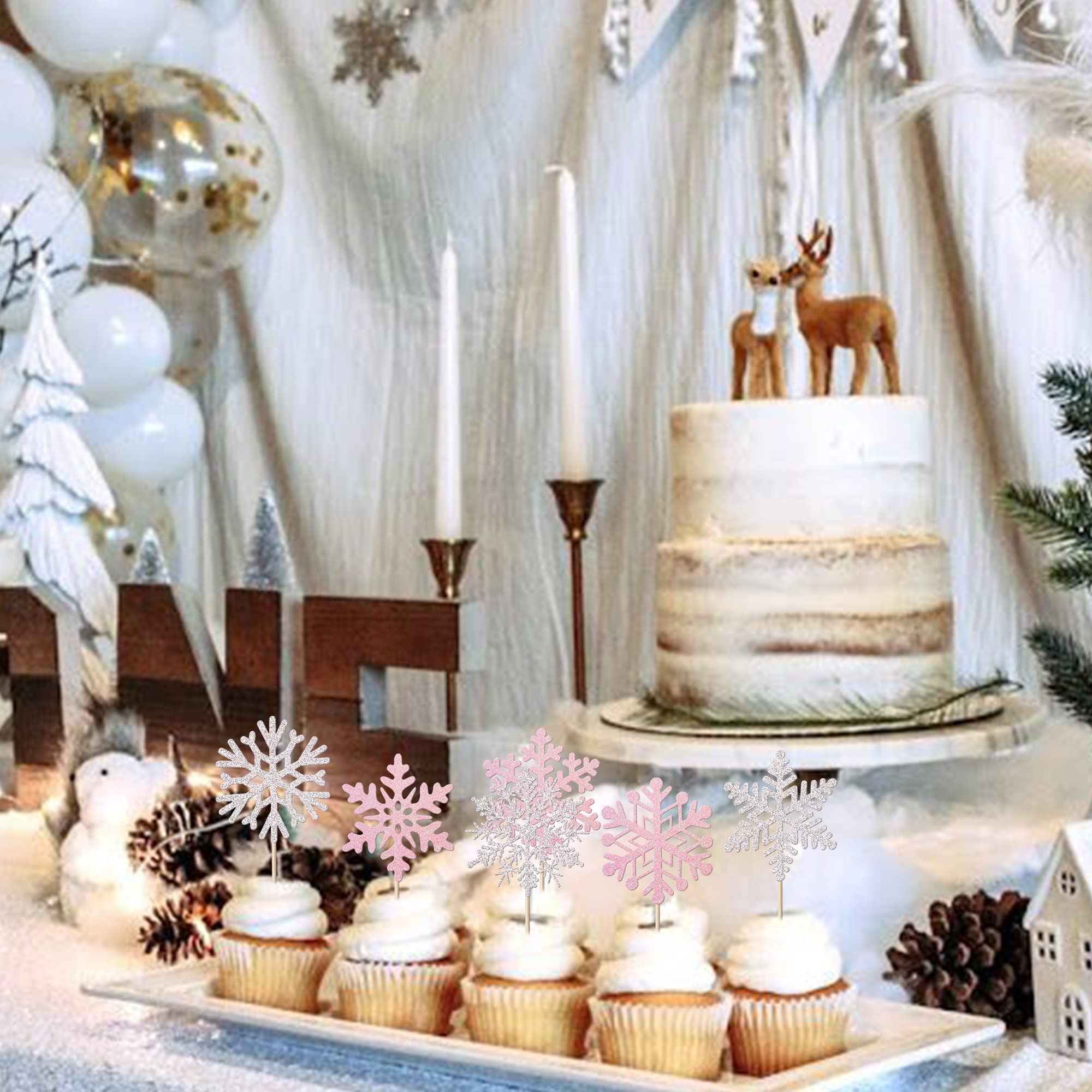 24 Topper Per Cupcake A Forma Di Fiocco Di Neve, Decorazioni Torta Tema Invernale E Frozen, Con Bastoncino In Bambù, Rosa E Argento, Festa Bambina - 3