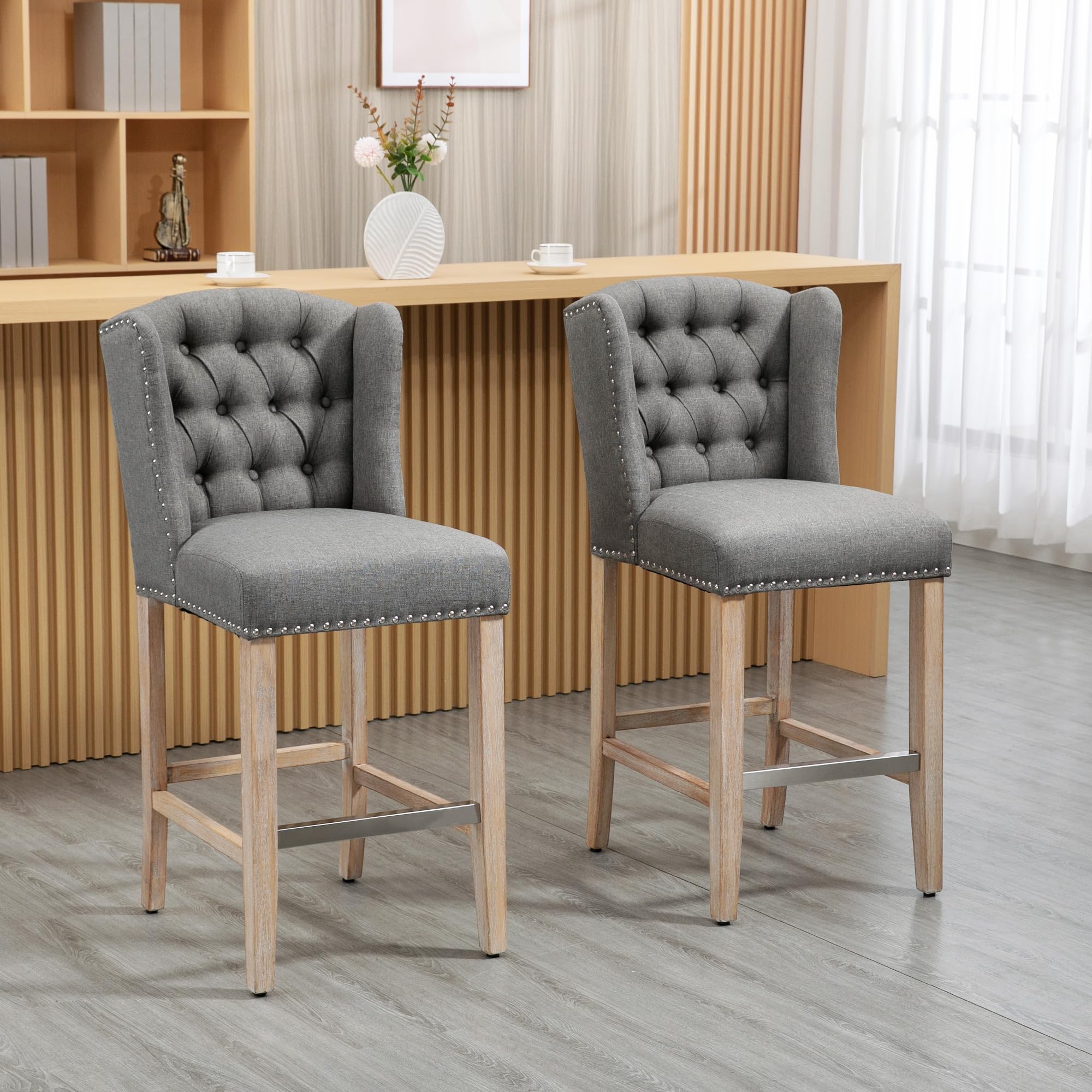 HOMCOM Counter Height Bar Stools  Upholstered 26.75" Seat Height Barstools, Breakfast Chairs with Nailhead-Trim, Tufted Back and Wood Legs, Light Grey