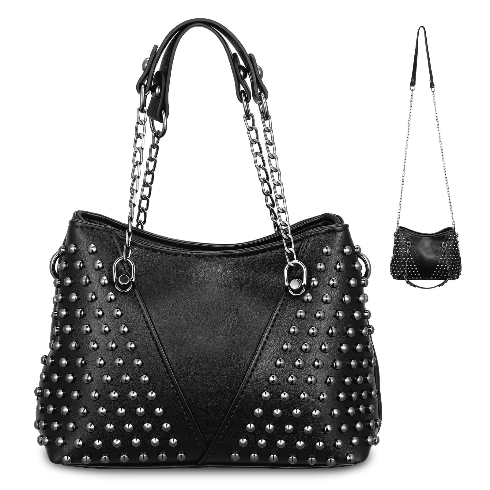 Bolso Bandolera Mujer PU Negro Remaches y Cadena, Mano