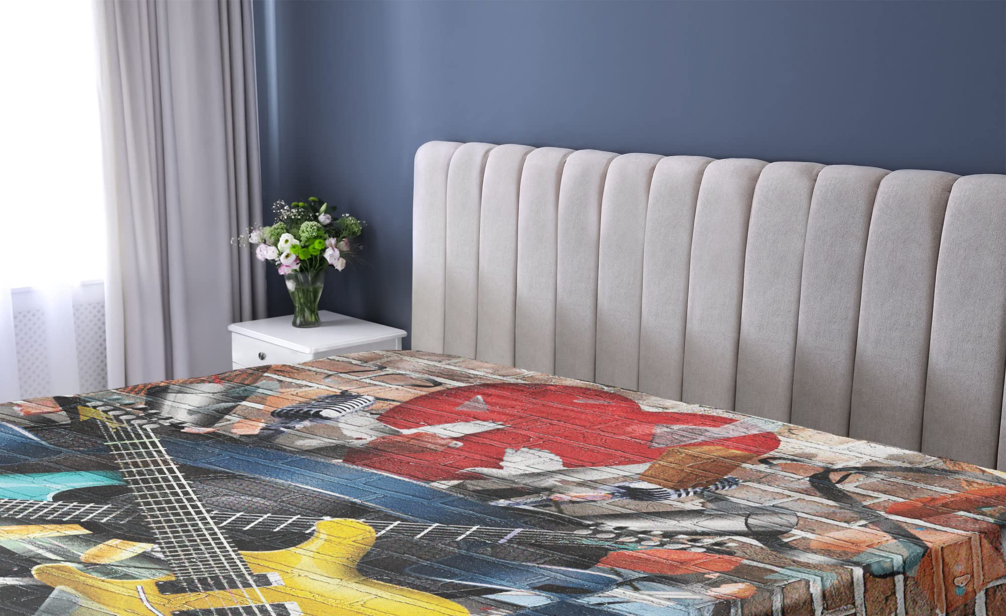 Ambesonne Music Fitted Sheet, Collage of Music Color and Musical Instruments Street Wall Art Joyful Nostalgia Print, Bed Cover with All-round Elastic Deep Pocket for Comfort, Twin XL Size, Yellow Teal