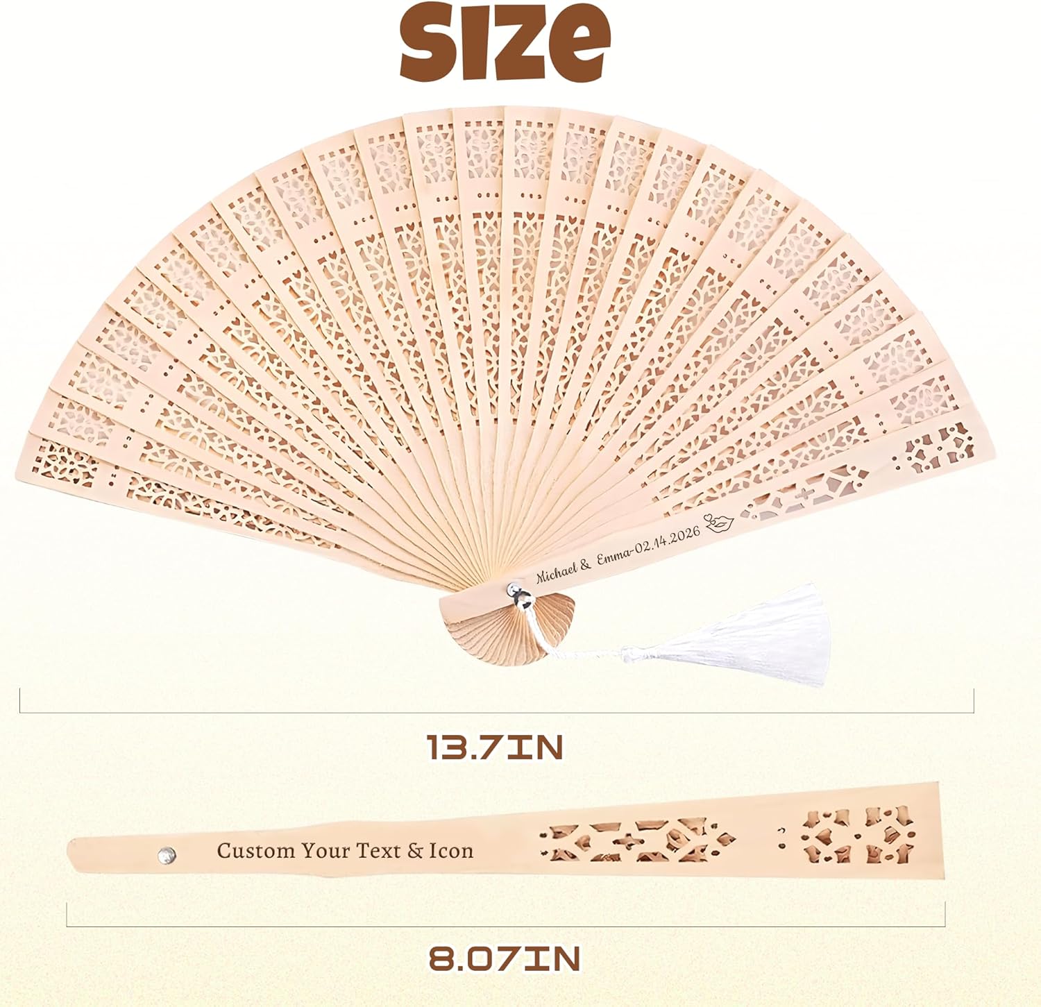 100 Pcs Personalized Sandalwood Wood Handheld Folding Fans with Organza Bags Wedding Fans Custom Name Text Icon Gift for Wedding Graduation Party Guests Baby Shower (100)