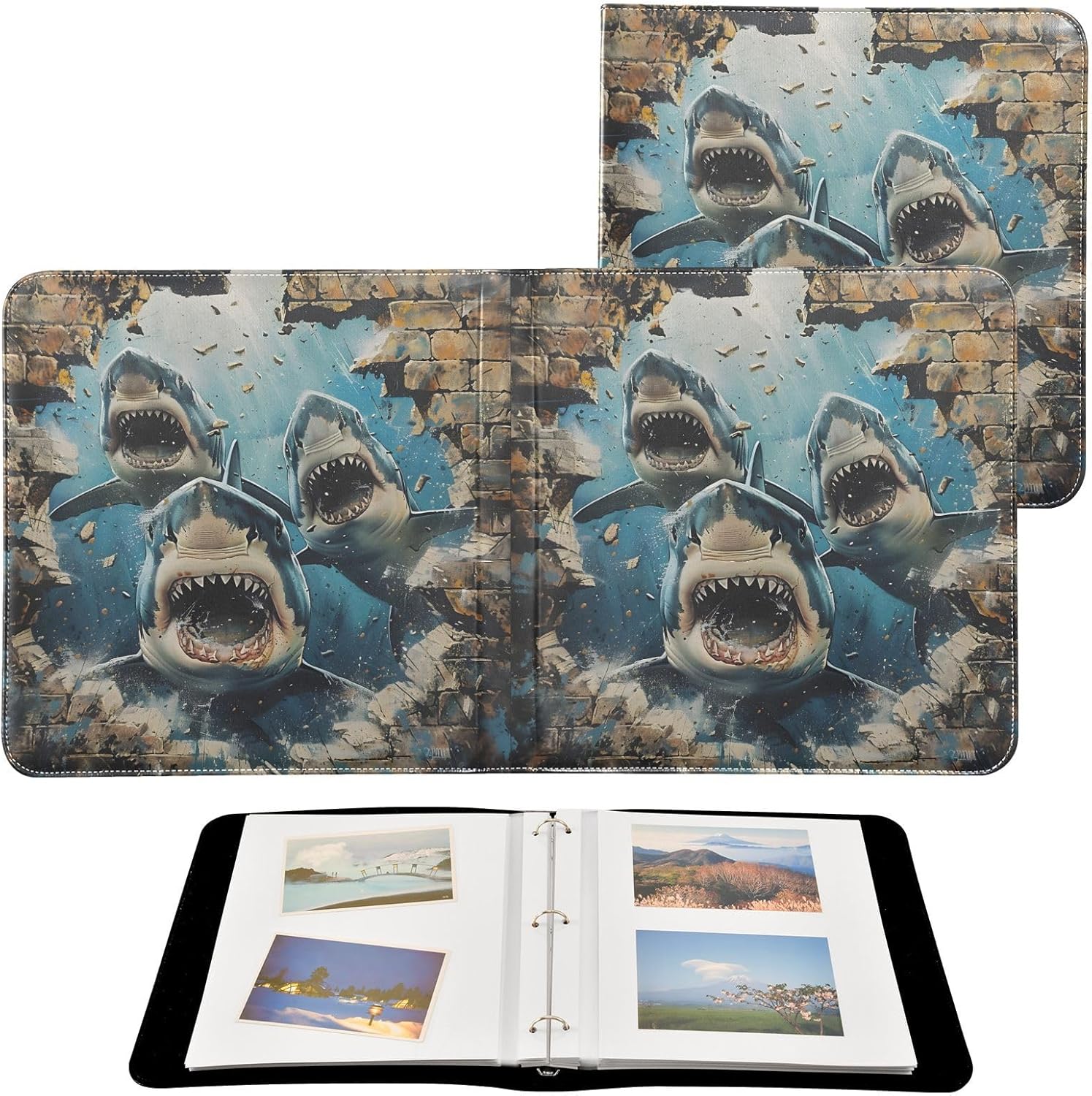 JIPONI Sharks Break Walls Large Photo Album, DIY Leather Cover Scrapbook Albums for 4x6 5x7 6x8 Pictures, Self Adhesive Memory Book for Wedding, Baby, Family