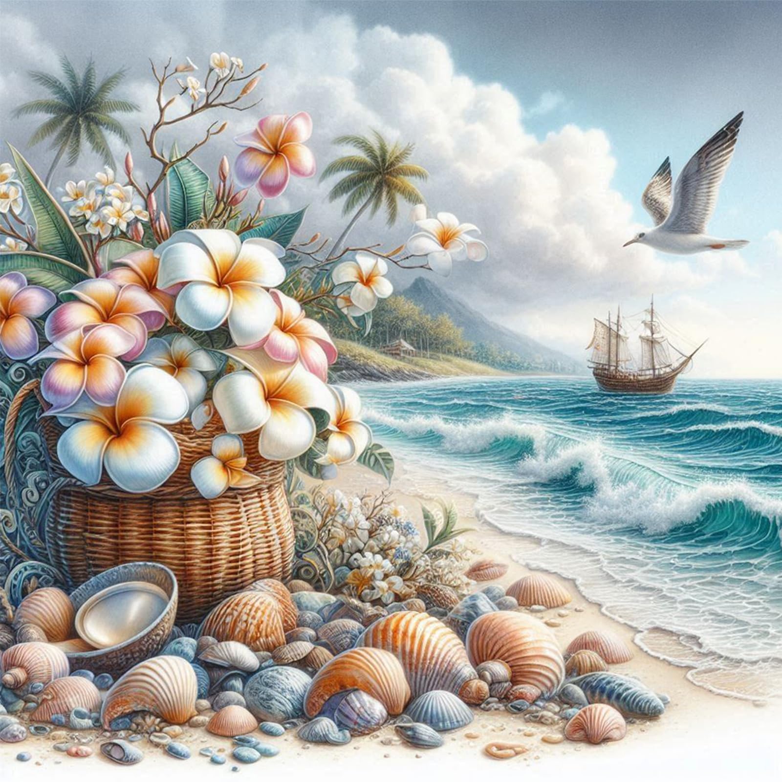 Poetrydraw Flowers And Shells Diy 5D Round Drill Diamond Art Kit For Adults Beginners 40X40cm Wall Decor