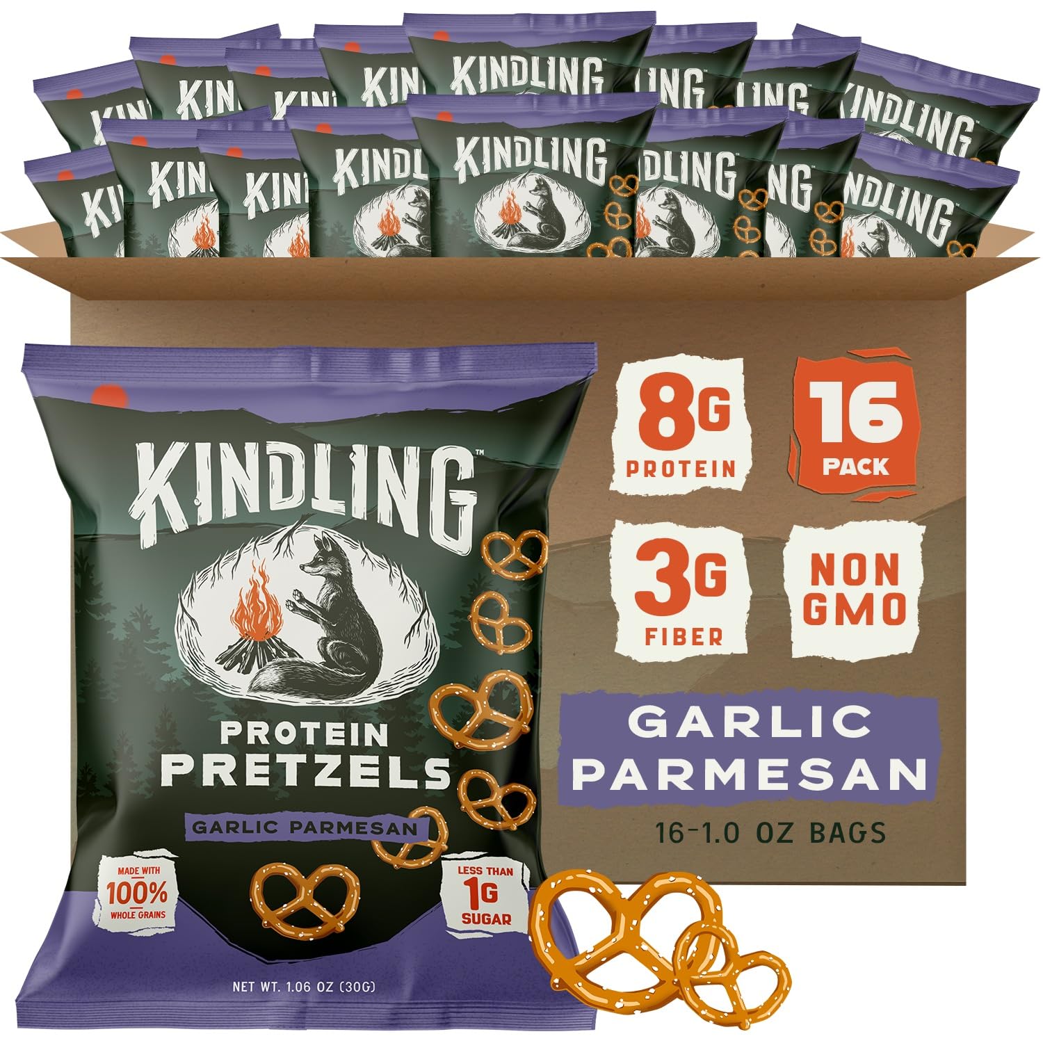 Kindling Protein Pretzels - Garlic-Parmesan | Protein-Packed Snack Size Bags | Kosher | 8-9g Protein Per Serving | No Artificial Flavors, Soy-Free | Lunches, Office Snacks, & On-the-Go | 16-Count (1.06oz Bags)