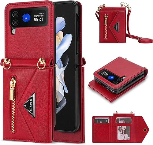 Cartera tipo cartera para Samsung Galaxy Z Flip 4 5G con correa para tarjetero de crédito cordón para mujer cremallera de cuero rojo Z Flip 4