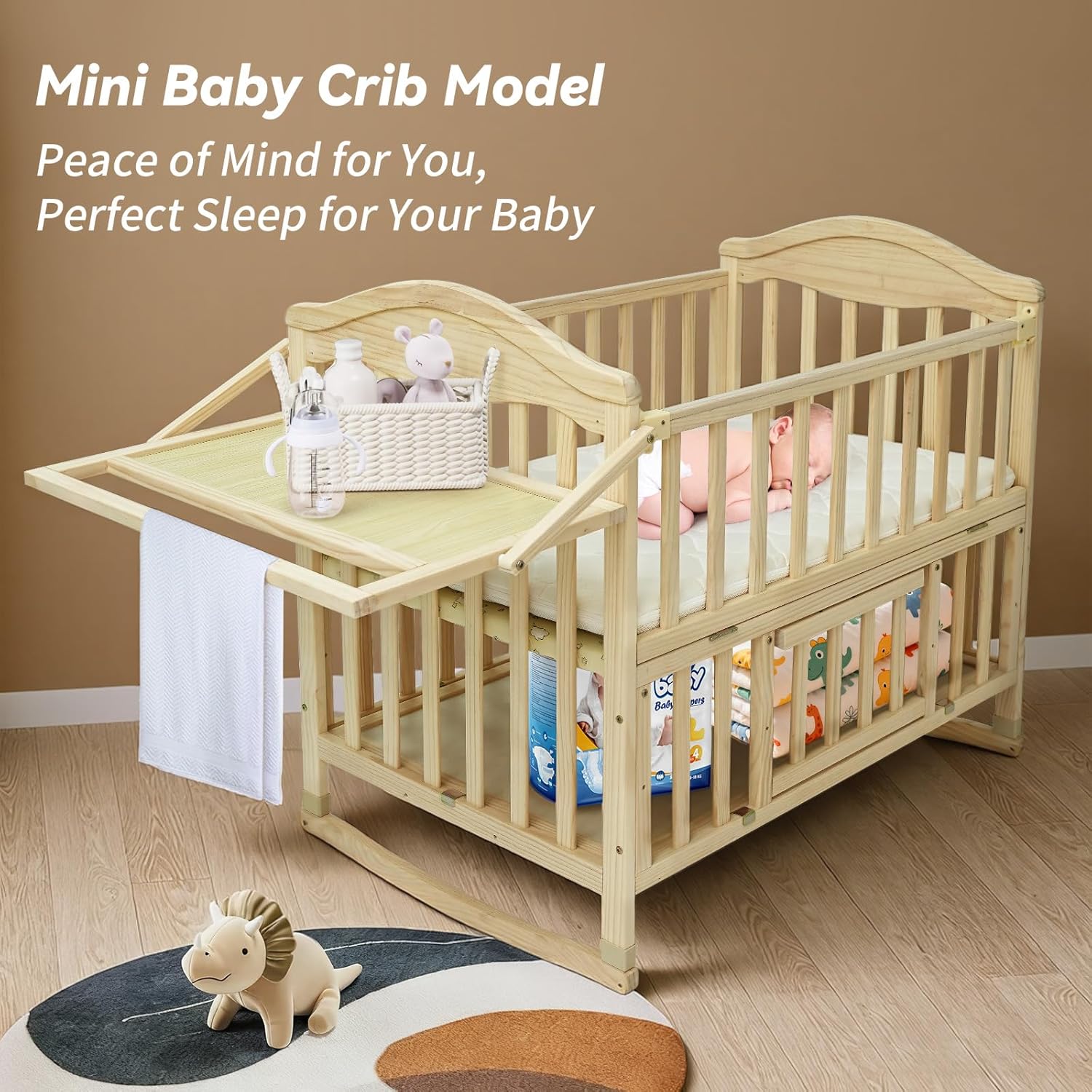 Portable Mini Baby Crib - Cunas para Bebes with Changing Shelf and Mattress Included,2025 Wheeled Wood Baby Bassinet,Bassinet Bedside Co Sleeper for Small Room,Unpainted