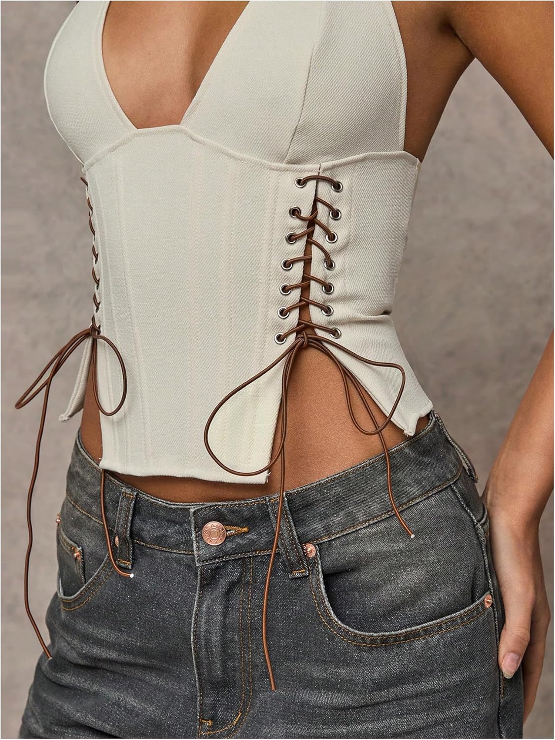 MakeMeChic Women's Corset Halter Tops Y2K Going Out Lace Up Tops Gothic Cowgirl Crop Tops