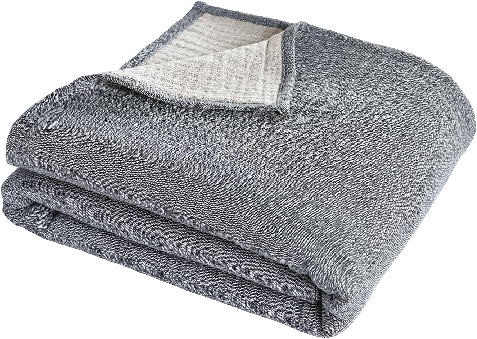 PHF 100% Cotton Muslin Blanket Twin Size 66" x 90", Yarn Dyed 3 Layers Ultra Soft Lightweight Breathable Blanket, Perfect Blanket Layer for Couch Bed Sofa, Elegant Home Decoration Grey Bluish