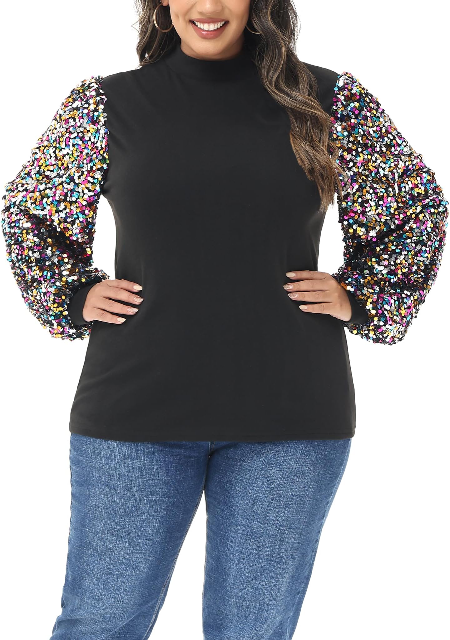 Anna-KaciWomen's Plus Size Sparkle Sequin Sweatshirt Mock Neck Pullover Long Sleeve Glitter Party Tops