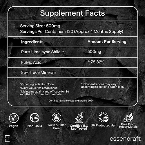 Miniatura 2 de Essencraft Shilajit - Resina Shilajit orgánica pura del Himalaya, 500 mg de potencia máxima, 85+ oligominerales ácido húmico y fúlvico, suplemento