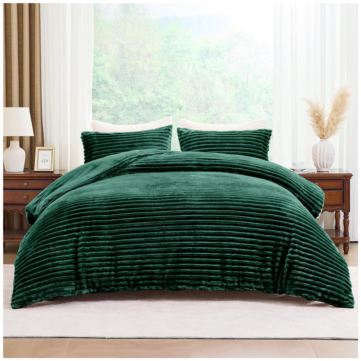 GC GAVENO CAVAILIA Ribbed Fleece Bedding Sets King Size 220x230Cm | Super Soft Polyester King Size Duvet Cover Sets With Pillow Cases | Thermal Warm Cozy Fluffy Winter Quilt Cover Bed Set, Dark Green