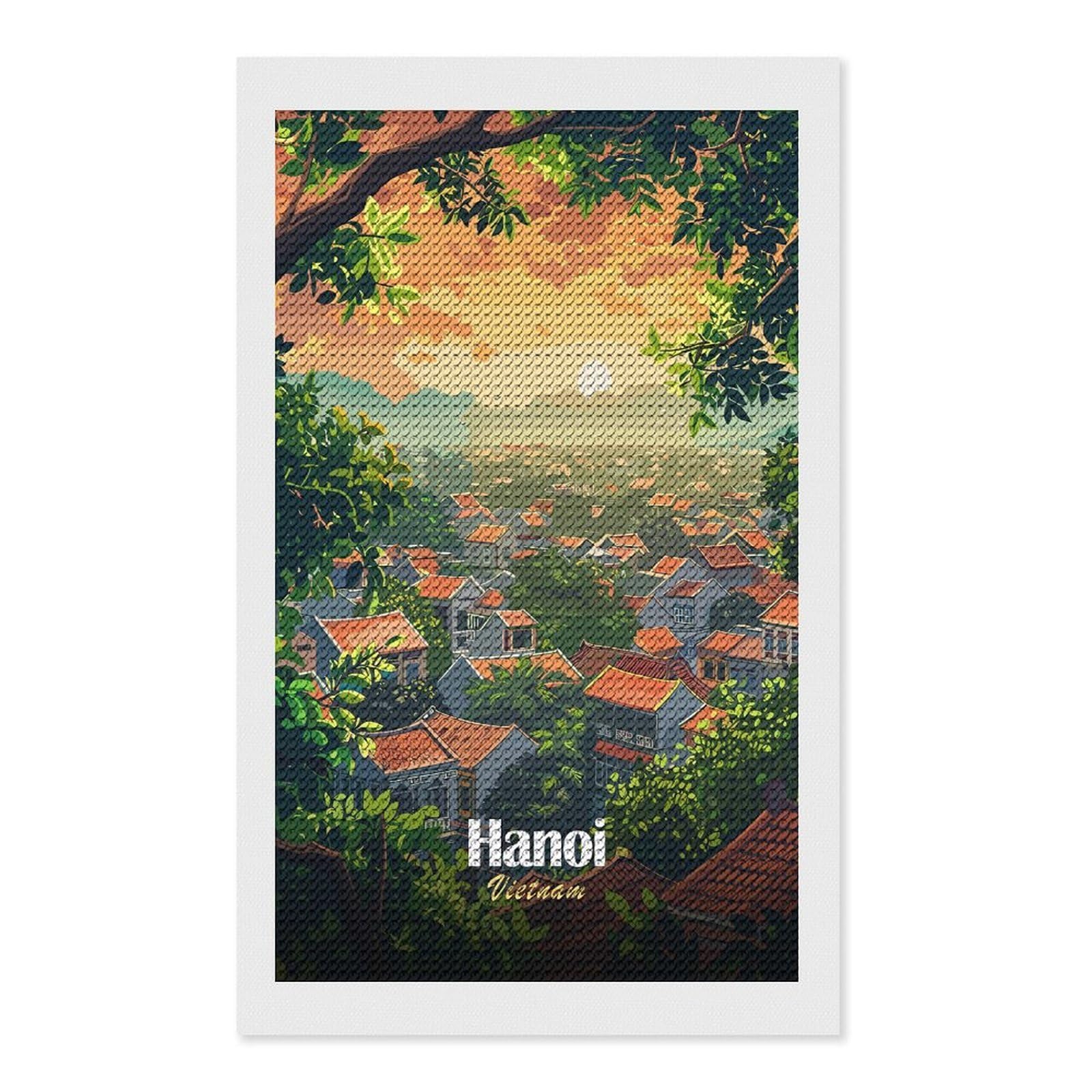 Junmoney Hanoi, Vietnam Cityscape Illustration Diamond Art Kit 12"x20", Relaxing DIY Hobby, Satisfying Creative Project, Living Room Decor, for Women