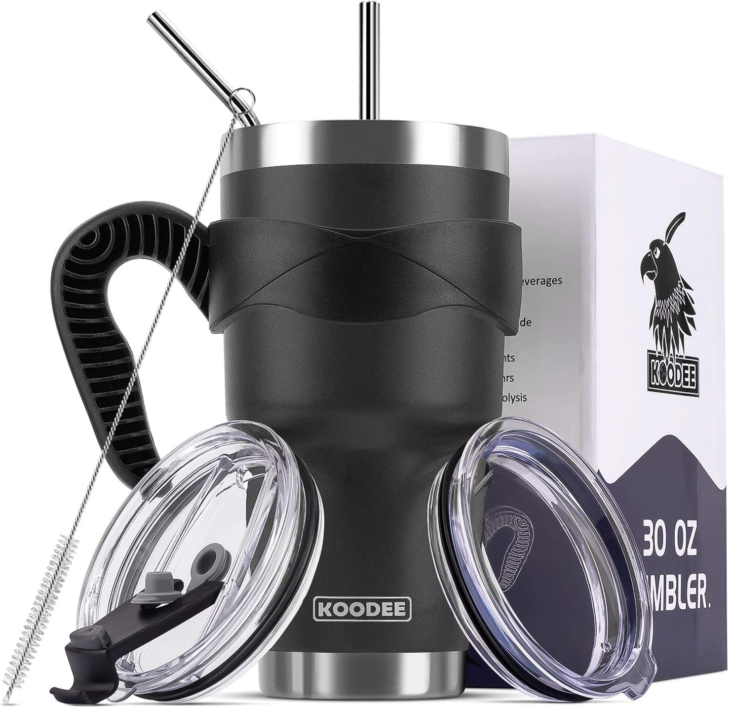 koodee 30 oz Stainless Steel Tumbler with Handle Vacuum Insulated Coffee Cup Double Wall Travel Mug with Lid and Straw (30 oz, Matte Black)