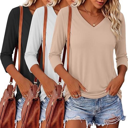 Riyiper 3 Pack Women's V Neck 3/4 Sleeve Tops, 3-Color, Medium