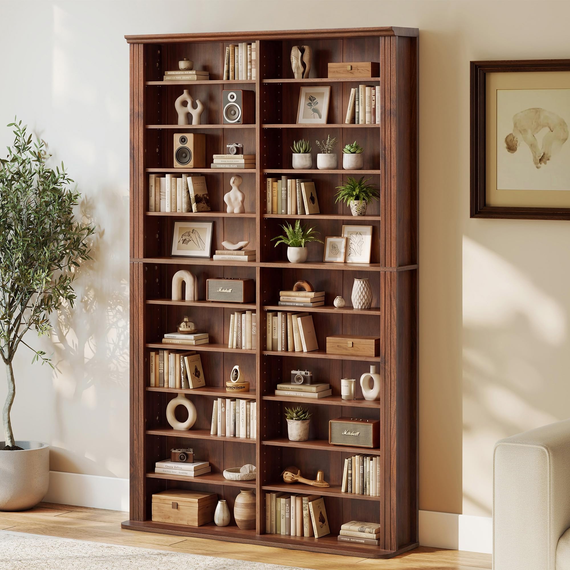 LEVNARY 71" Media Storage Tower, 22-Compartment Multimedia Cabinet with Adjustable Shelves, Fluted Grooved Sides, Anti-Tip Kit, for Movies, Games and Books (Walnut)