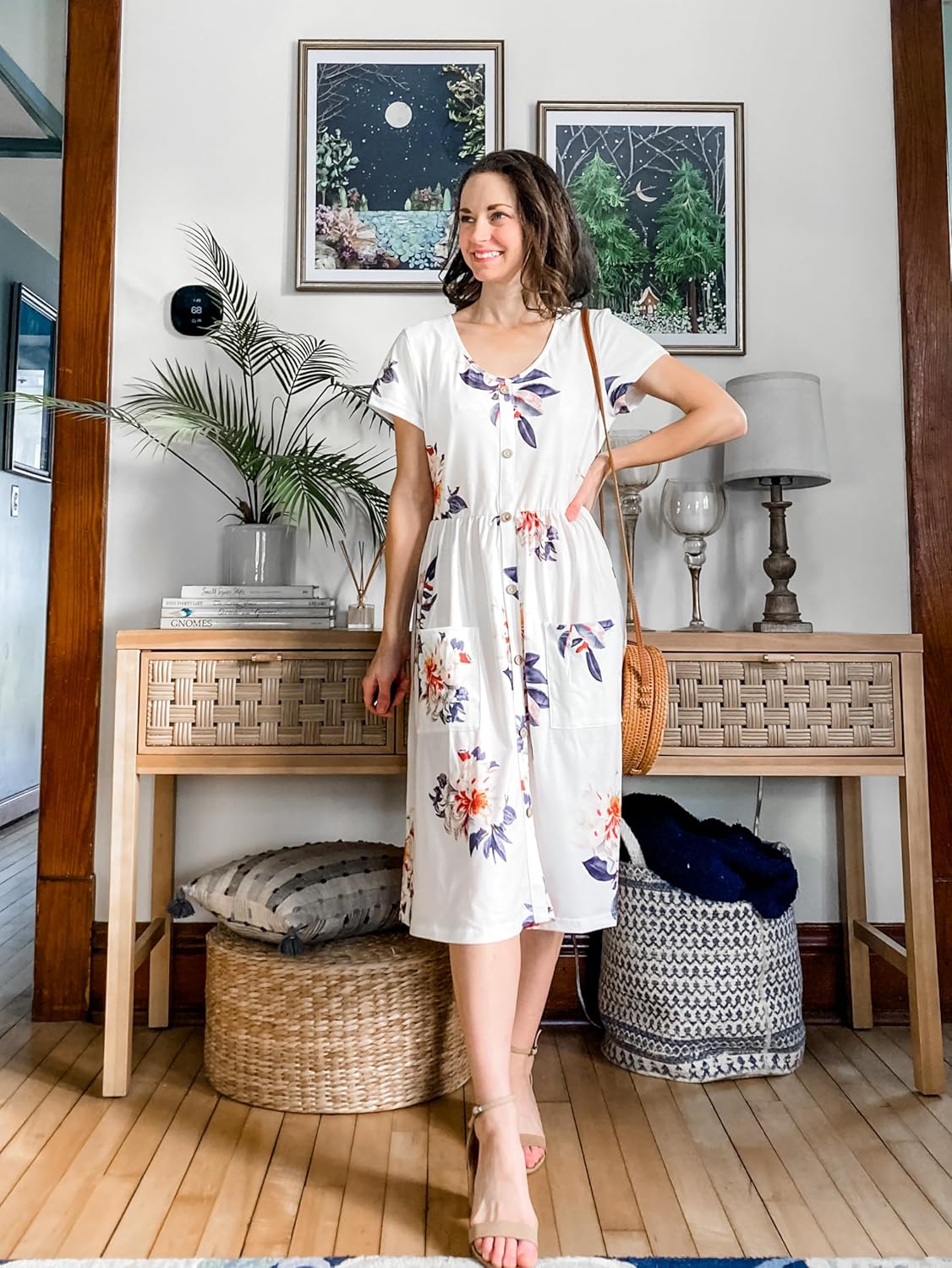 VOTEPRETTY Women's Short Sleeve V Neck Sundress Summer Casual Button Floral Dress with Pockets - Image 3