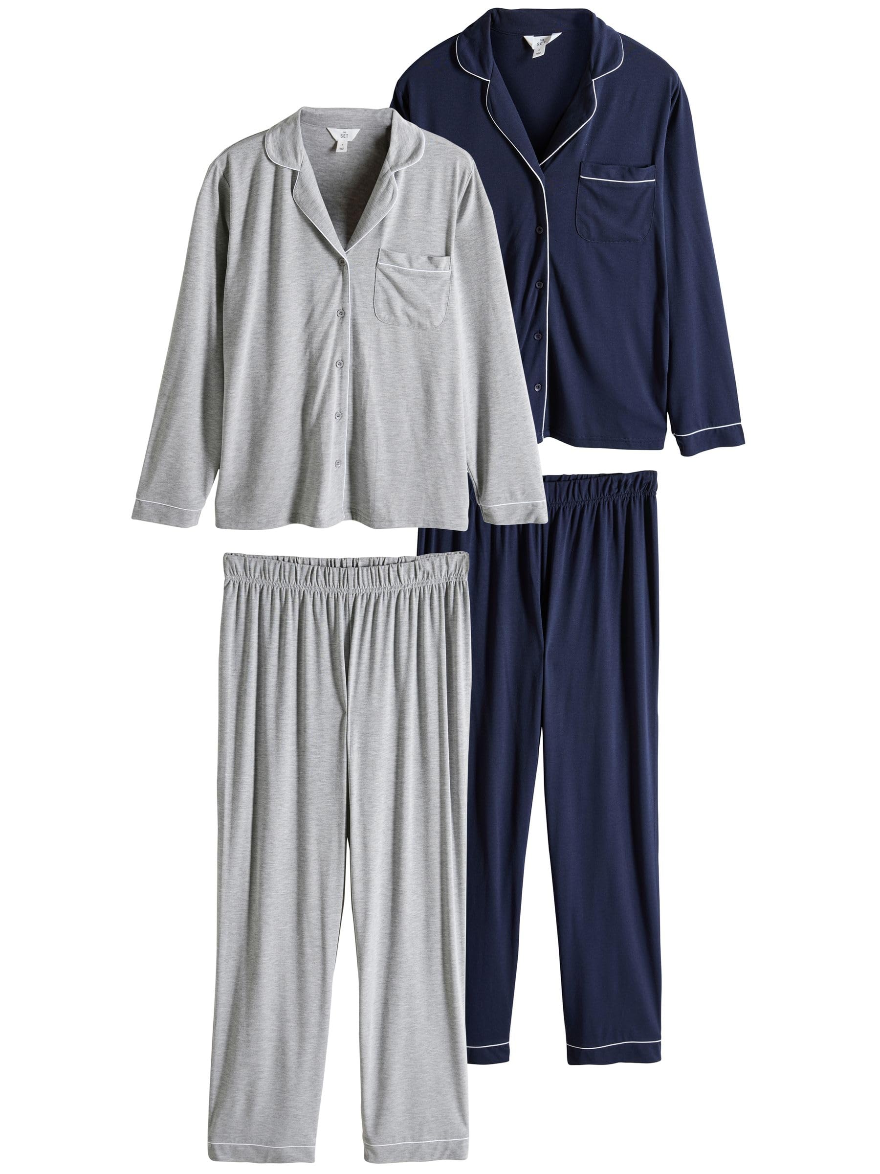 THE SET Mujeres Pack de 2 Pijamas abotonados de pantalón y Manga Larga de Mezcla de Viscosa con Ribetes