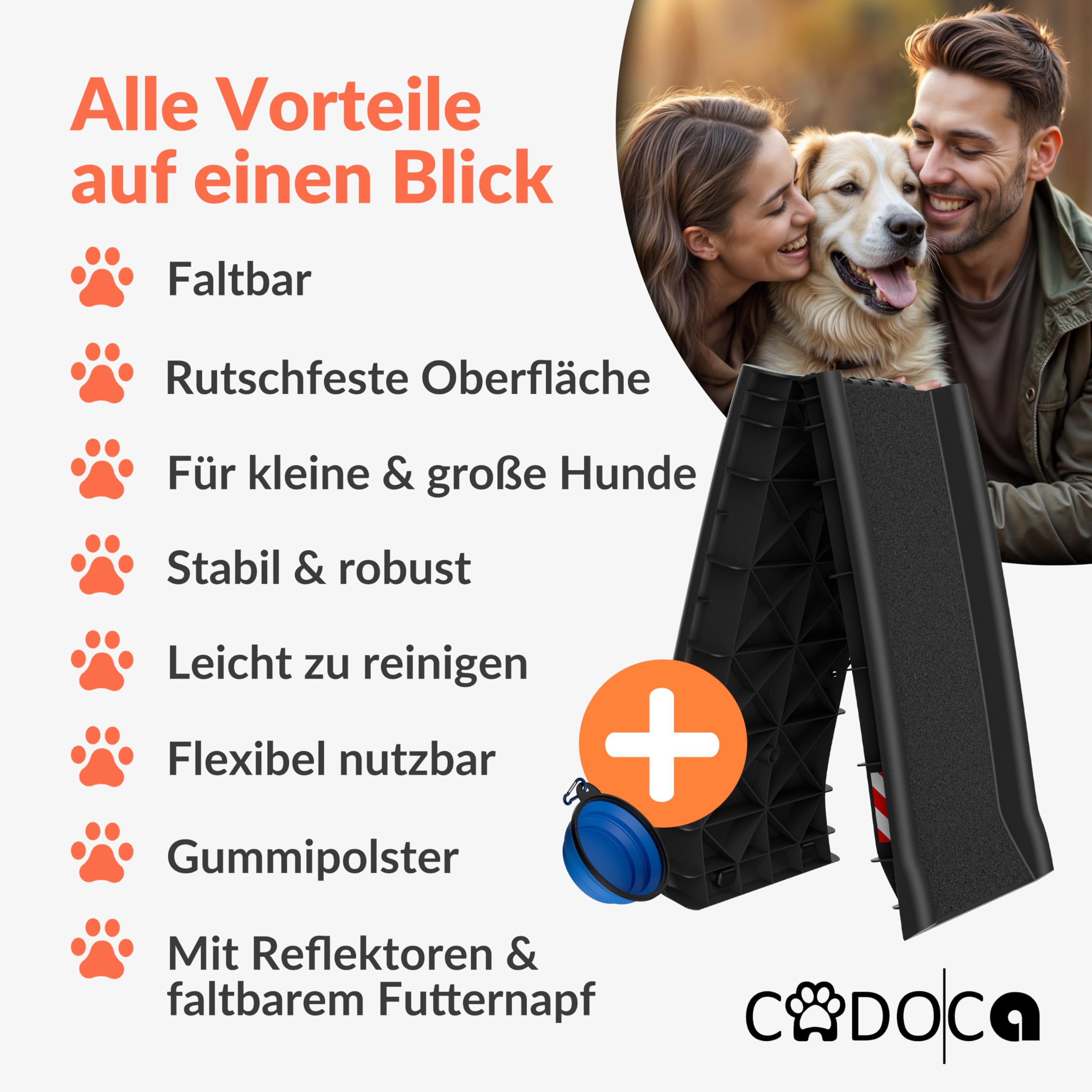 CADOCA® Hunderampe Auto klappbar 90kg kompakt 156x40cm Tragegriff Sicherungsbügel Reflektoren Trinknapf Hund Katze rutschfest leichte Einstiegshilfe