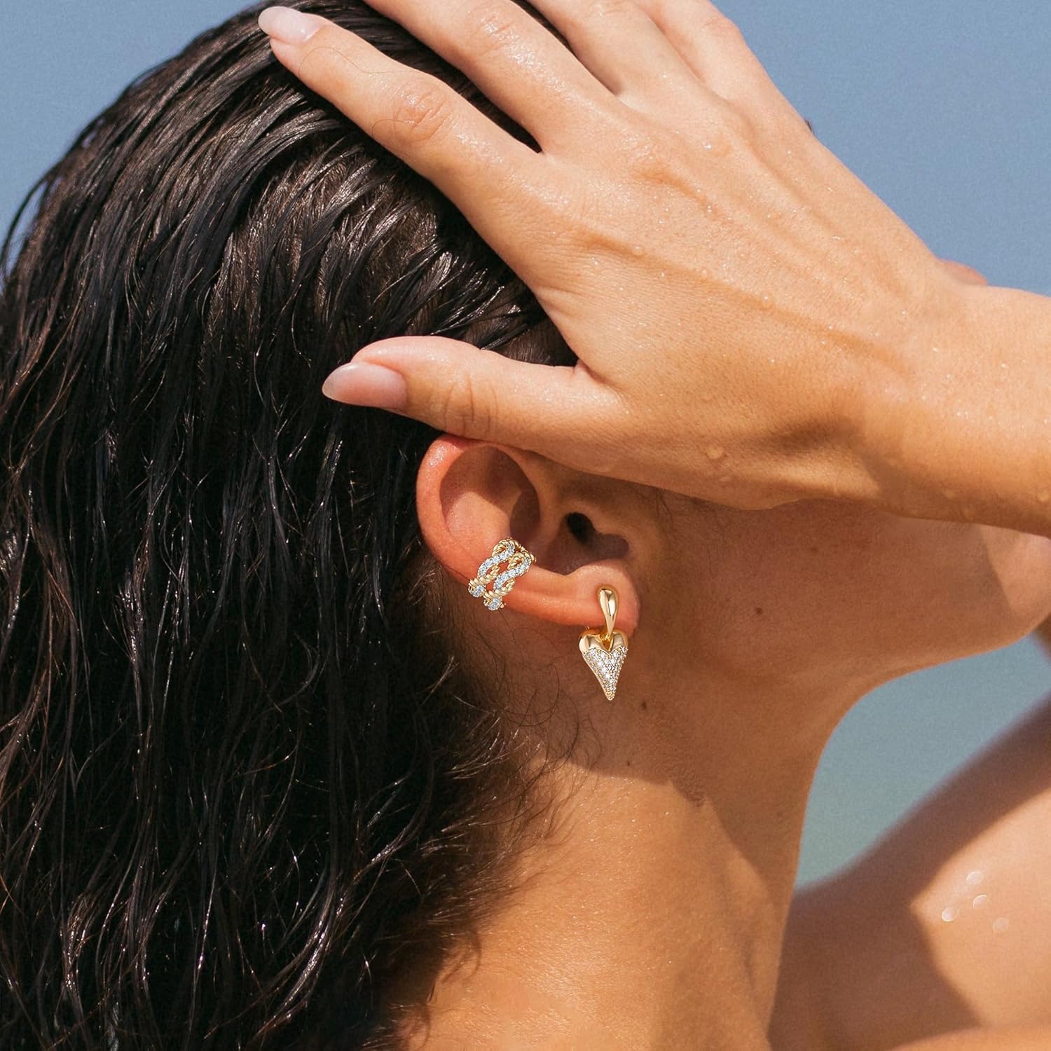 MTMY Huggie Hoop Earrings 14K Gold Plated Cubic Zirconia Dainty Simple Cute Beads Elegant CZ Circle Small Hoop Earring for Women Minimalist Handmade Hypoallergenic Jewelry - Image 3