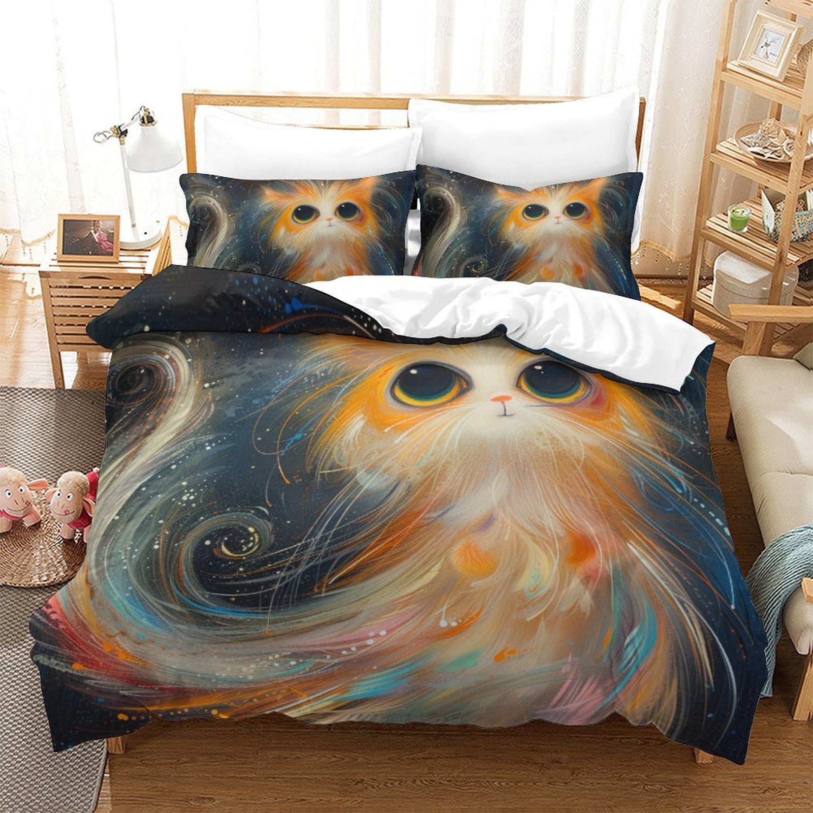 Housse de couette Chat Flamme 3D respirante avec 2 taies d'oreiller