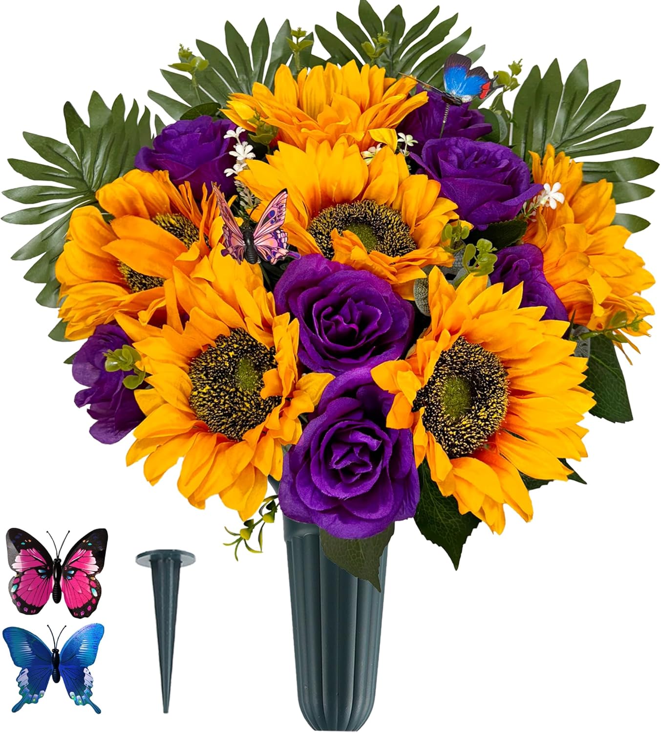 SUHOOKOO Cemetery Flowers with Vase for Grave Decor, Silk Sunflower Rose Headstone Flower,Tombstone Flower - Bright and Colorfast,Purple/Yellow