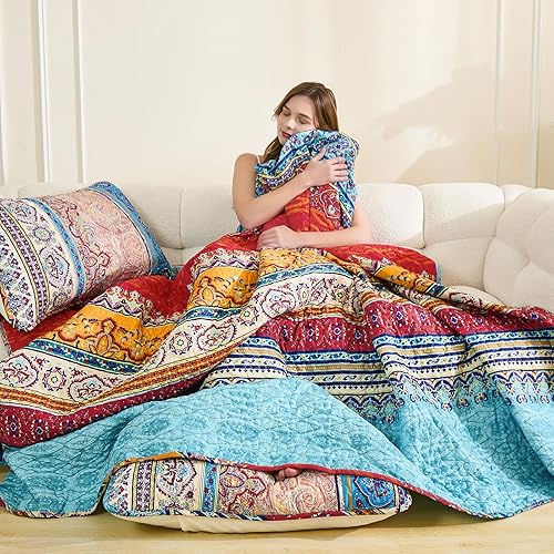 Miniatura 5 de WONGS BEDDING Juego de edredón bohemio California King, juego de edredón bohemio a rayas para todas las estaciones, juego de ropa de cama de