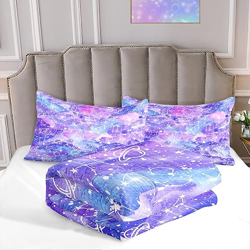 Miniatura 4 de Juego de edredón de teñido anudado de galaxia, tamaño matrimonial, estampado de constelación para niñas, color morado, azul, purpurina, microfibra