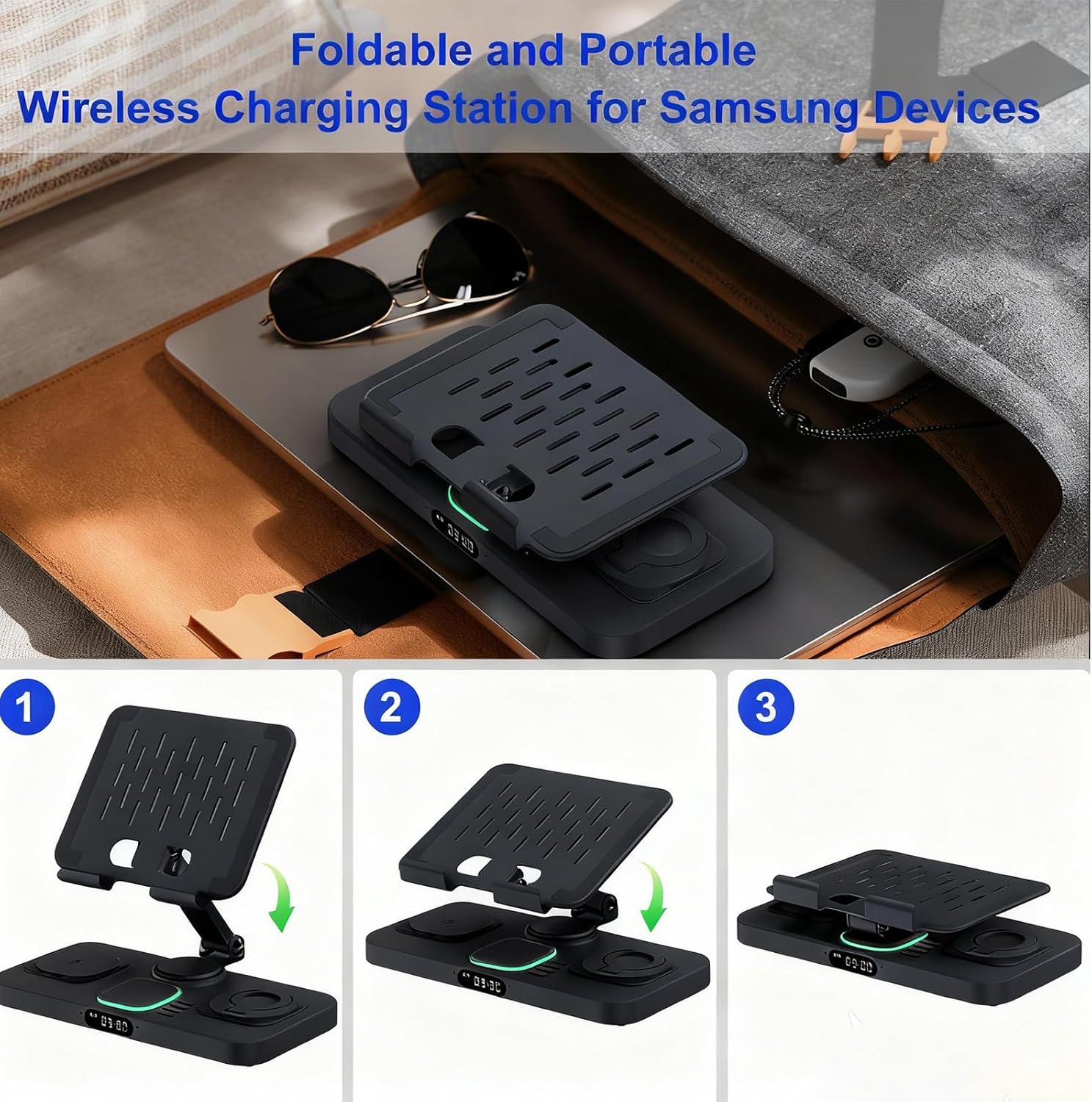 30W Tablet Wireless Charger for Samsung, Foldable Android Charging Station with Clock Display with 7-Color Light, Wireless Watch Charger for S25, Only Compatible Samsung Watch, Galaxy Buds3 Pro(Black - Image 7