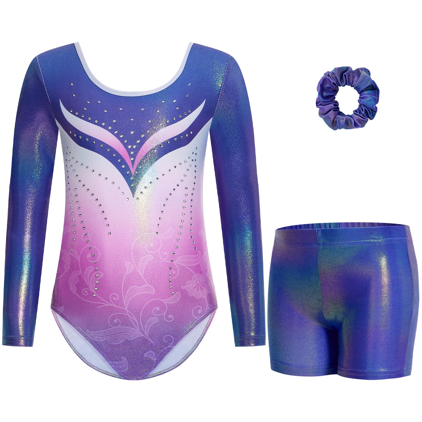Ensemble de Justaucorps de Gymnastique 3 Pièces pour Filles avec Sequins Dégradés, Unitards de Ballet 3-12 Ans