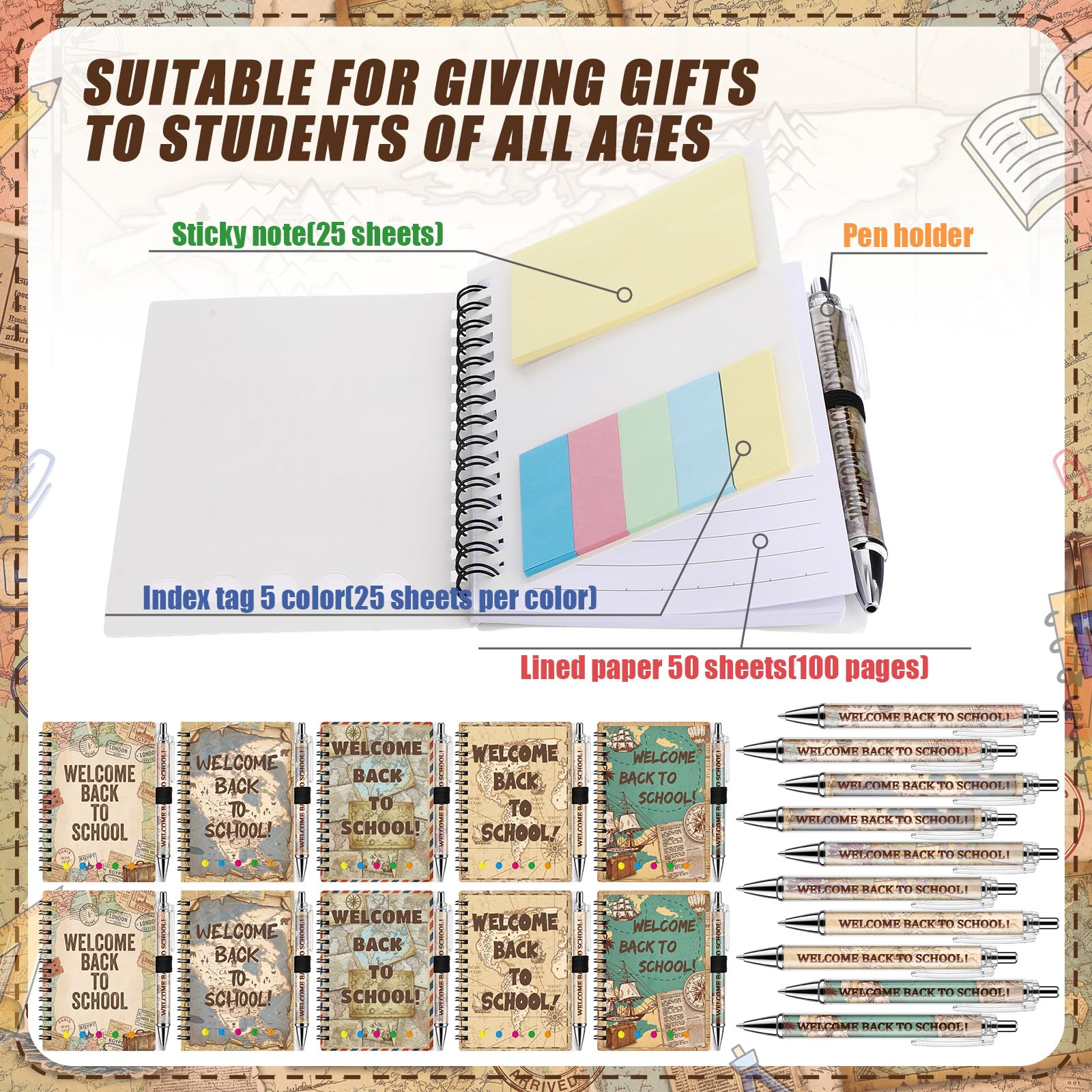 Dunzoom Lot de 40 carnets à spirale en vrac avec notes adhésives et stylos de motivation pour le premier jour d'école - Cadeau de fête pour enseignant, étudiant, salle de classe (voyage sur la carte)