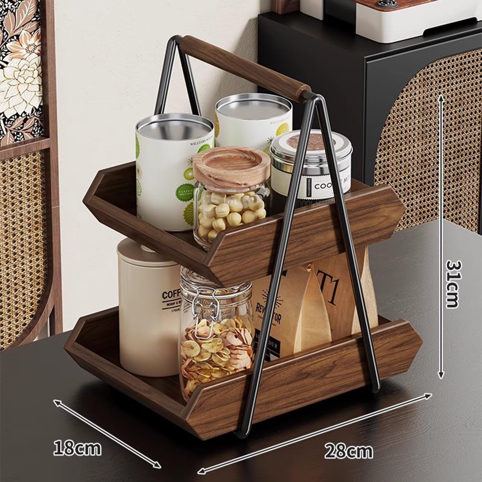 2-stöckiges Gewürzregal aus Holz, Küchentheke mit Schiene, stabiles Design für Büro & Wohnzimmer, 31 cm - Perfekt für Wohnkultur & Aufbewahrungslösungen