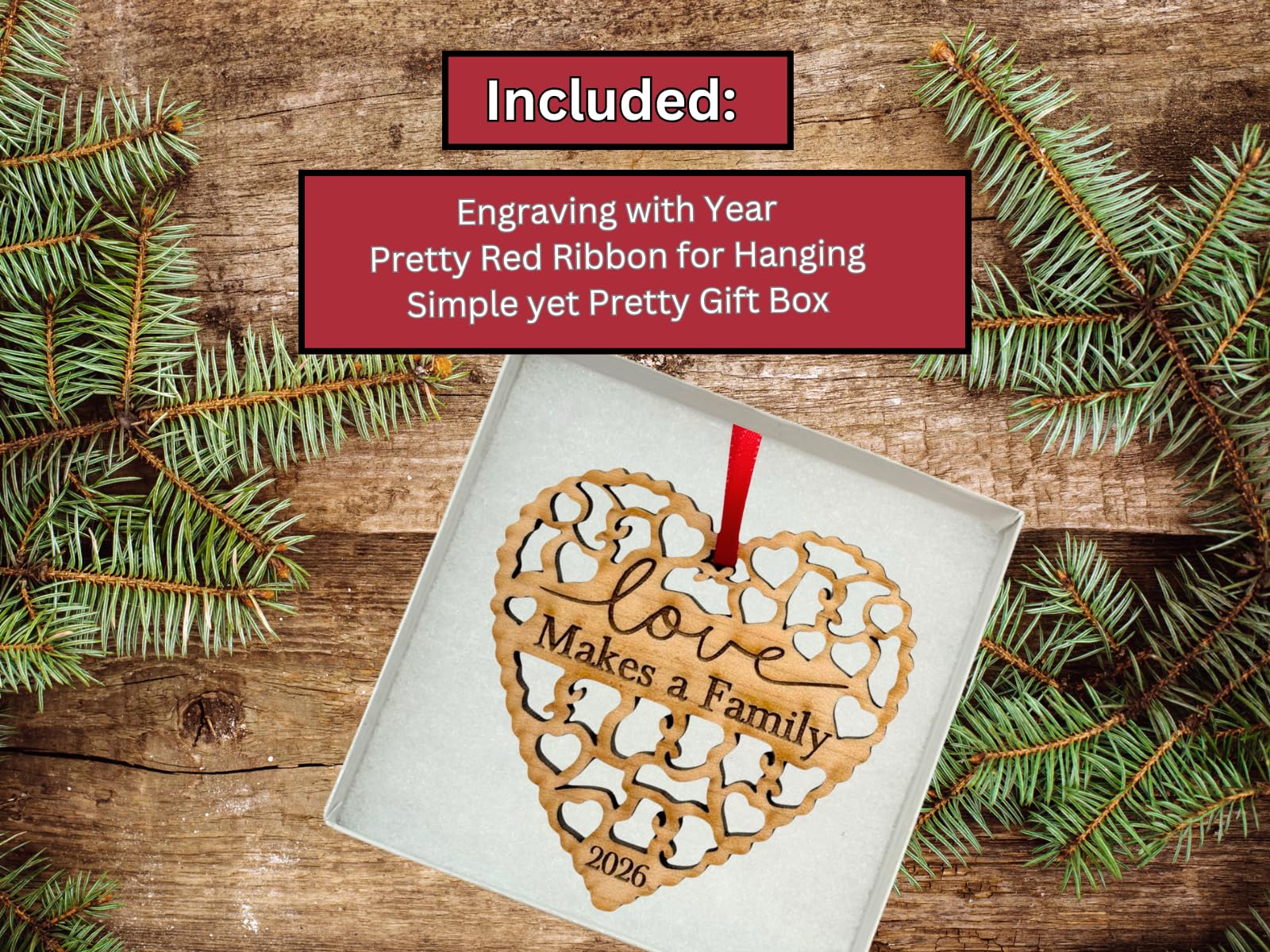 2026 Adoption Ornament in Laser Cut Wood - Love Makes A Family - Gotcha Day Gift, Great for Family or Blended Ideas, Comes in a Gift Box