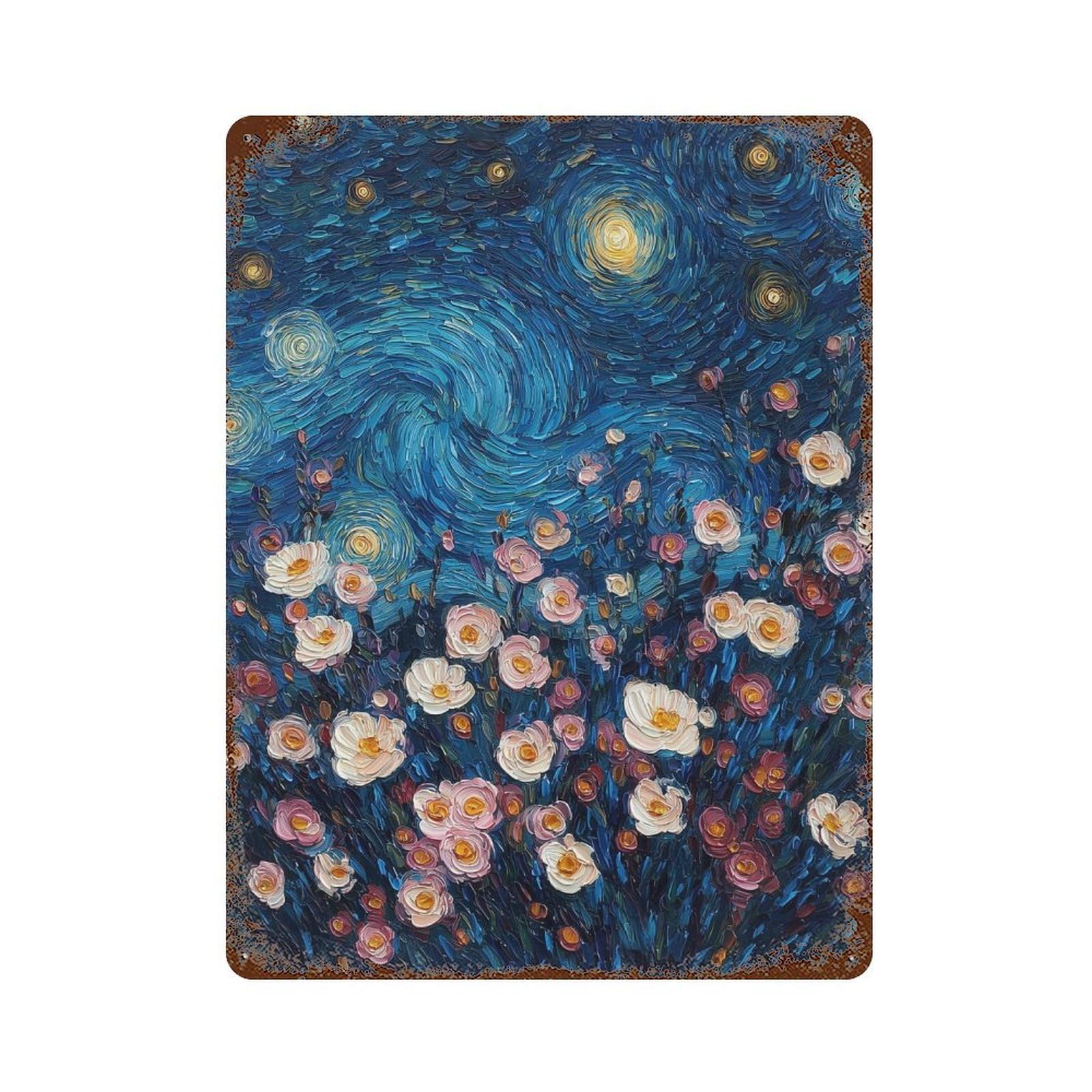 Starry Night Flowers Canvas Print Decorative Tin Sign 15.7"x11.8", Vintage Wall Decor for Basement, Hobby Room And Garage Decor