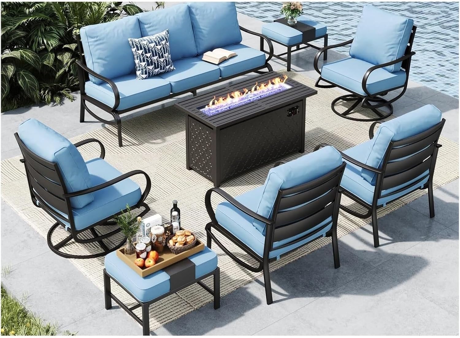 an 8-piece Rotating Chair, with A Metal Frame, Suitable for Use in Gardens and Yards.(Red)