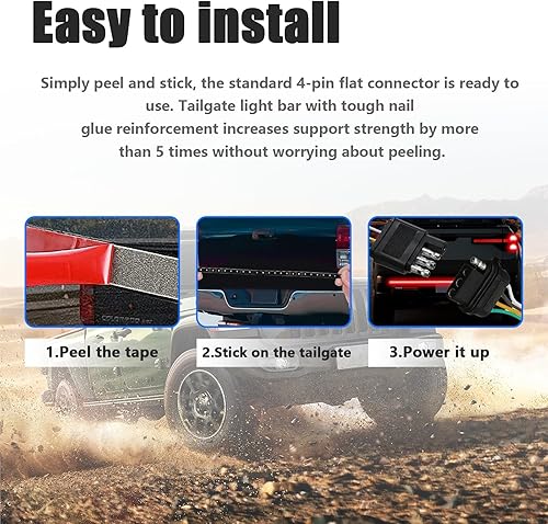 Miniatura 4 de Kewucn Barra de luz LED para portón trasero de 59 pulgadas, tira LED de doble fila IP65 con freno de marcha rojo, luces direccionales rojas de