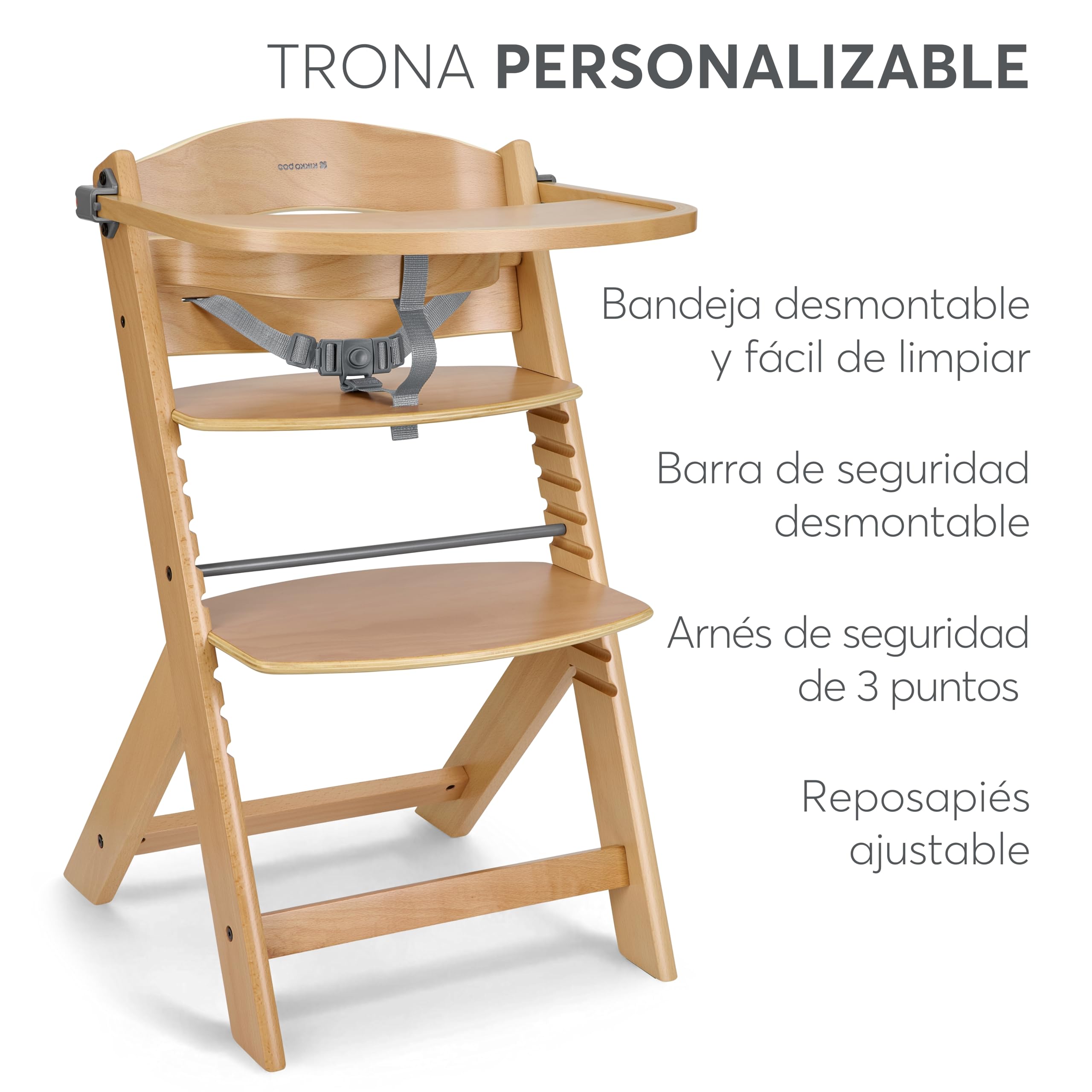 KikkaBoo Trona Evolutiva de Madera para Bebé NORDY, Silla Alta Ajustable hasta 35 kg, Haya Maciza, Bandeja Extraíble, Arnés de 3 Puntos, Madera