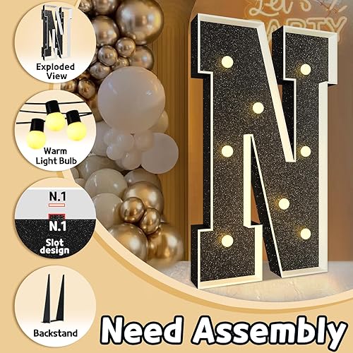 Miniatura 3 de imprsv Letras de marquesina negras de 3 pies decoración de fiesta negra - Letra C iluminada grande de 3 pies de alto - Carta de decoración de fiesta