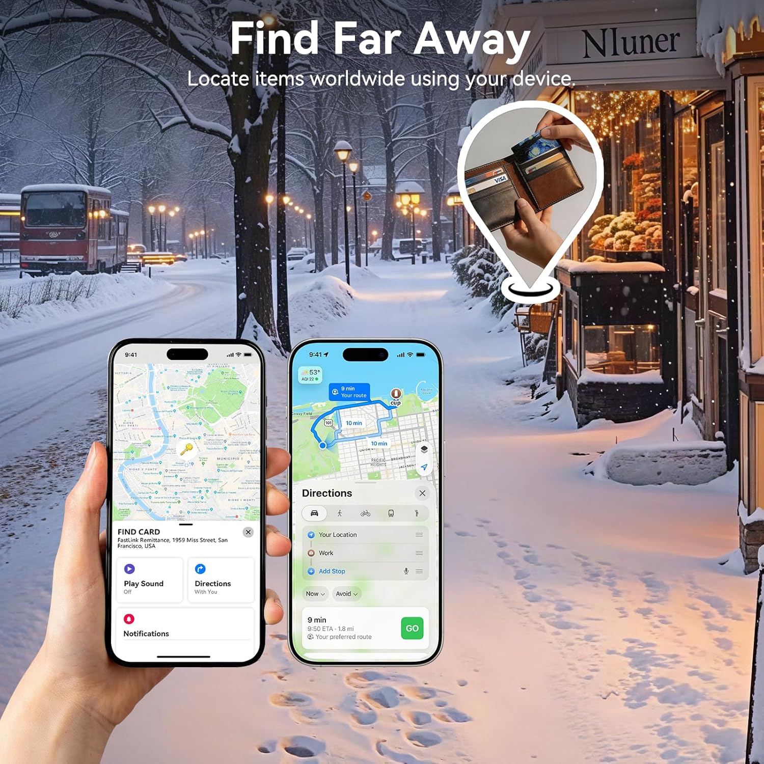 DERAX Wallet Tracker Card (iOS & Android) Wireless Charging & 1-Year Battery, Ultra-Thin IP68 Waterproof Smart Card Works with Apple Find My & Google Find My Device for Wallet, Passport, Luggage