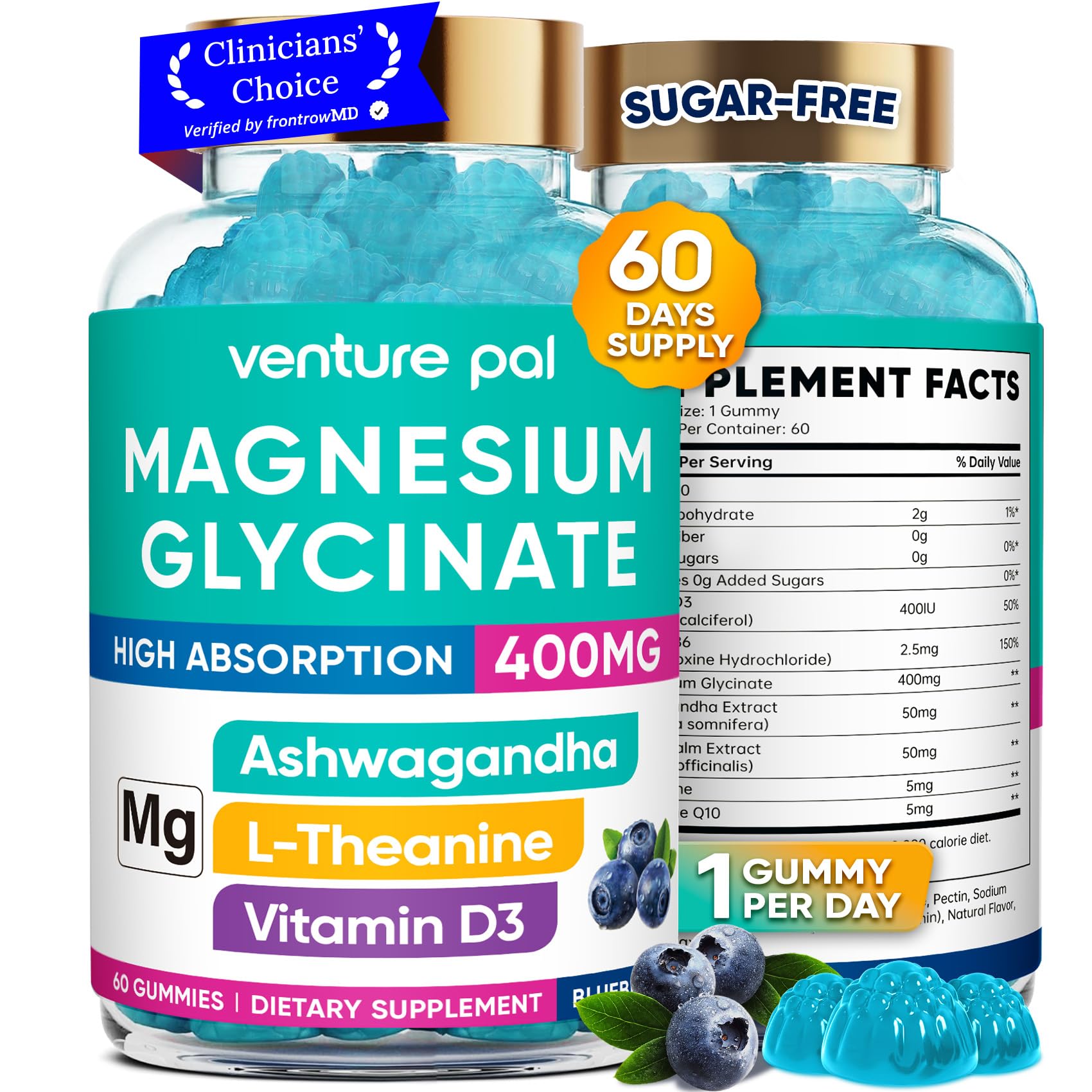 60 Day Supply Magnesium Glycinate 400mg Gummies Sugar Free High Absorption 60 Count (Pack of 1) V2-blueberry
