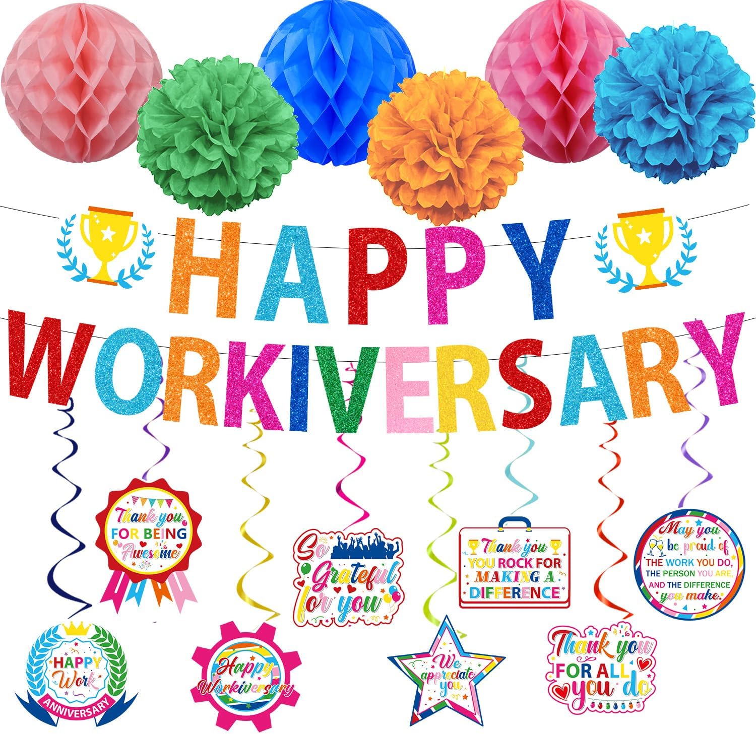 Happy Work Anniversary Decorations - 16PCS Glitter Happy Workiversary Banners Hanging Swirls Honeycomb Centerpieces Pompoms Hanging Decor, Office Appreciation Supplies for Employee Worker